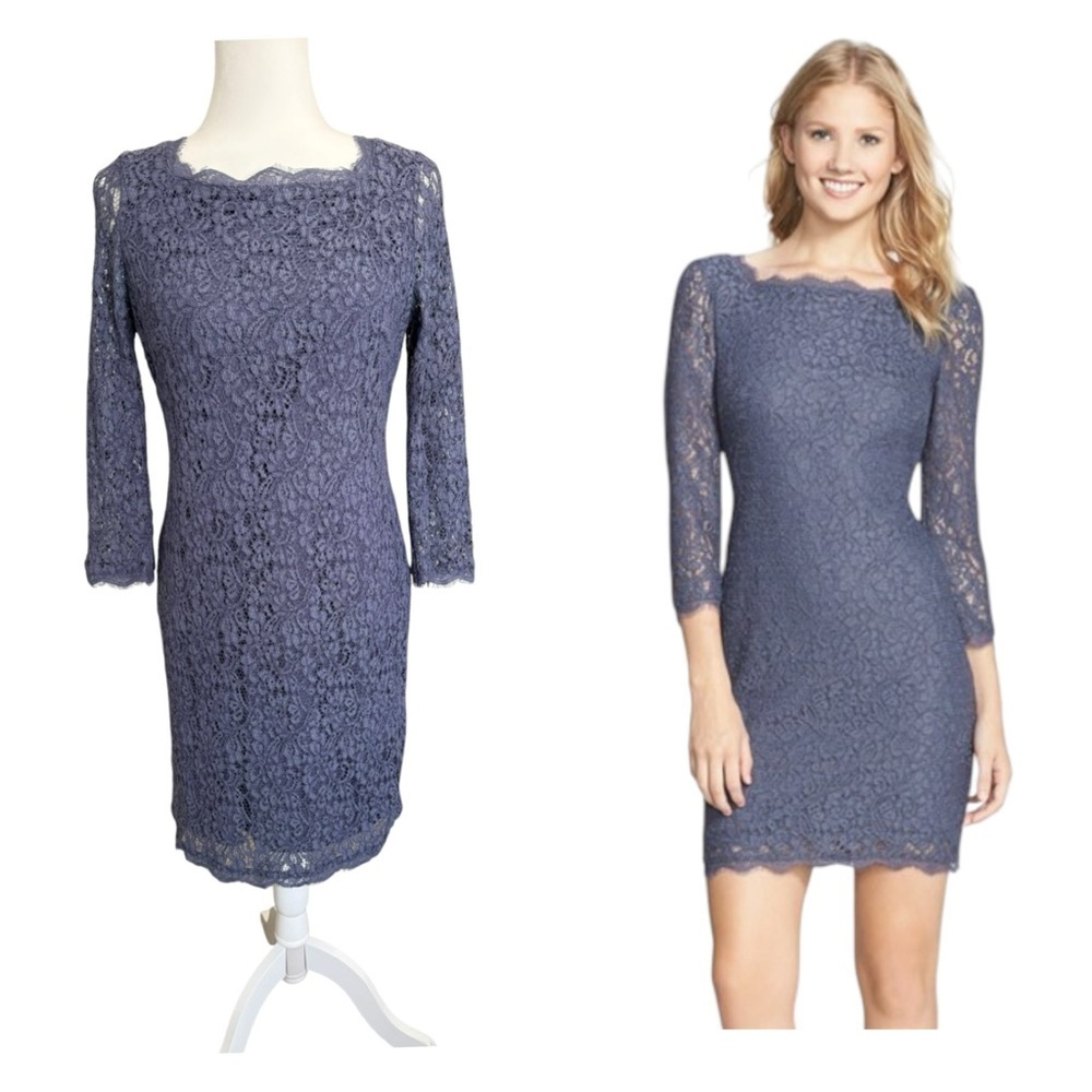 Adrianna Papell Purple Lace Sheath Dress 10 Scalloped Neck 3/4 Sleeve Elegant
